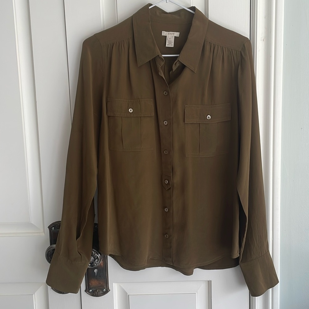 J Crew silk top, olive green/brown size 8